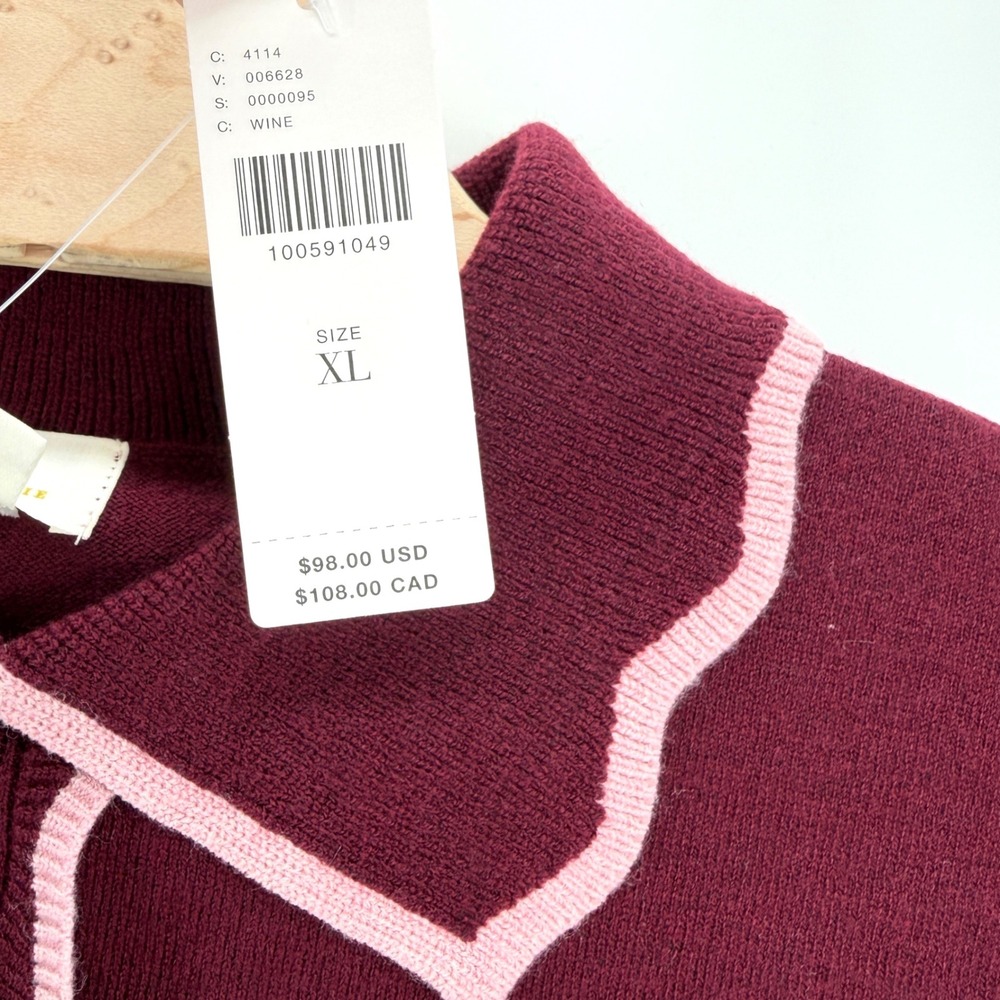 Maeve Anthropologie Knit Polo Women XL Wine Pink Scalloped Stripe Ruffle Sweater - Picture 11 of 12